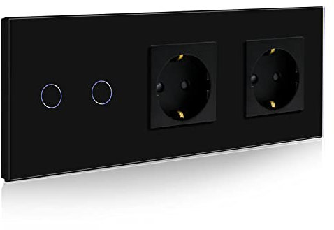 BSEED Interruptor con Enchufe Doble,2 Gang 1 Vía interruptor luz pared con Enchufe de pared,Negro Interruptor tactil de Luz pared con indicador LED,enchufes de extensión con panel de vidrio templado