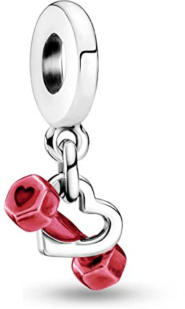 LaMenars Langhantel & Liebe Funkelndes Freihandherz Doppel Charm für Armbänder 925 Silber Anhänger Perlen für Halsketten Baumeln zum