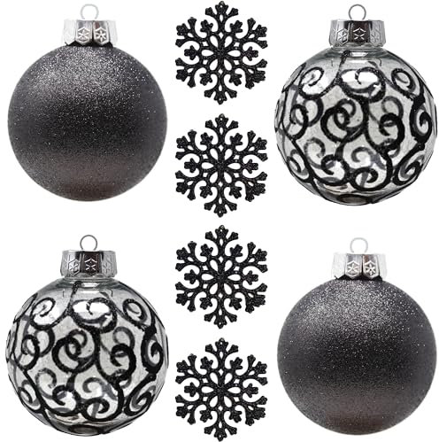 Große Schwarze Kugelornamente für Weihnachtsdekorationen im Landhausstil – extra große bruchfeste Kunststoffkugeln und Schneeflocken (120 mm), 8er-Set