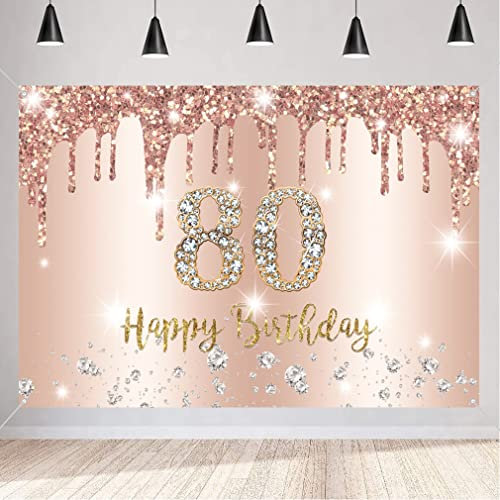 Happy 80th Birthday Decorations for Women, Happy 80 Years Old Backdrop Fabric Rosegold Sign Poster, 80th Birthday Party Supplies Photography Background Welcome Sign, 150cm x 90cm