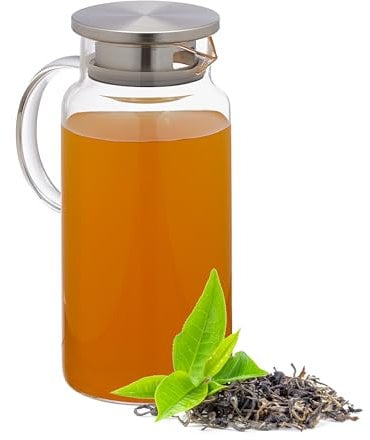 Relaxdays Glaskaraffe, 1,3 l, mit Deckel, Wasser, Saft, Aromawasser, spülmaschinenfest, Wasserkrug, transparent/silber