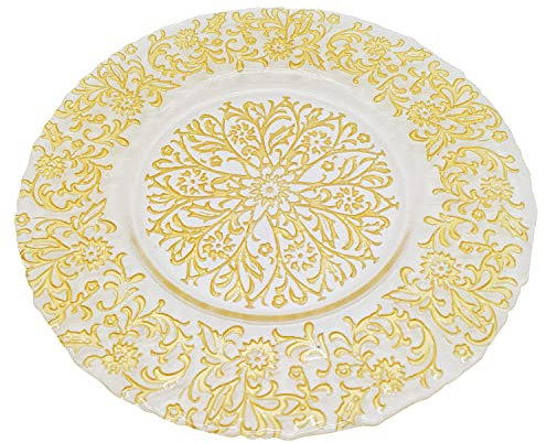 Trimming Shop 13 Inch Gold Glass Charger Plates with Royal Design Perfect for Weddings, Parties, Dinner Table Decorations, and Special Events Durable Glass Chargers for Elegant Celebrations, 1pcs