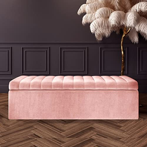 Ottoman Storage Box - Lined Striped Ottoman Box - Plush Velvet Upholstered Blanket Box - Velvet End Table - End of Bed Bench - Shoe Storage Bench - Entry hallway Bench - Ottoman Footstool with Storage