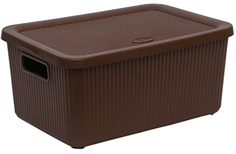 FotoStation BROWN – Large Virgin Plastic Storage Boxes 14L Litre Box & Lid BPA Free for Home Office Stackable Rib Box With Handle