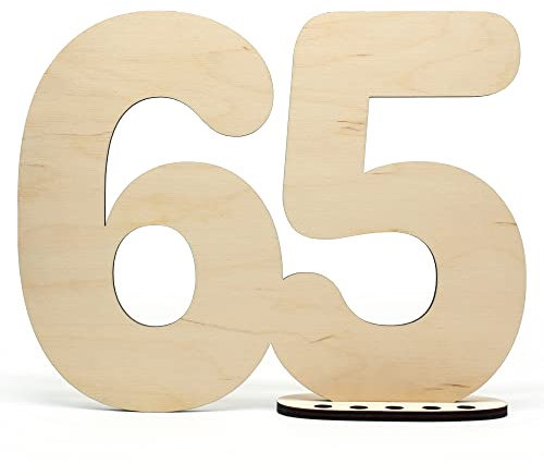 Gästebuch Holz Deko Schild Zahl 65 - zum selbst beschriften als Geschenk mit Ständer und Geburtstagskerzenhalter - für 65 Geburtstag Deko, 65 Jahre Jubiläum oder Hochzeit