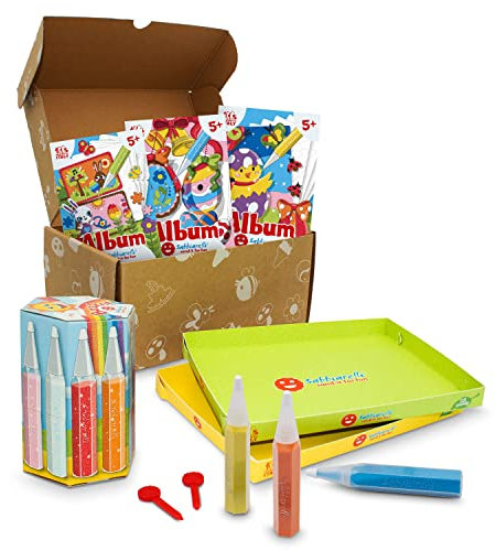 Sabbiarelli Sand-it For Fun - Box Fröhliche Ostern, kreatives Oster-Bastelset zum Ausmalen mit Sand, pädagogische Aktivität, Geschenkidee zum Osterfest für Kinder ab 5 Jahren