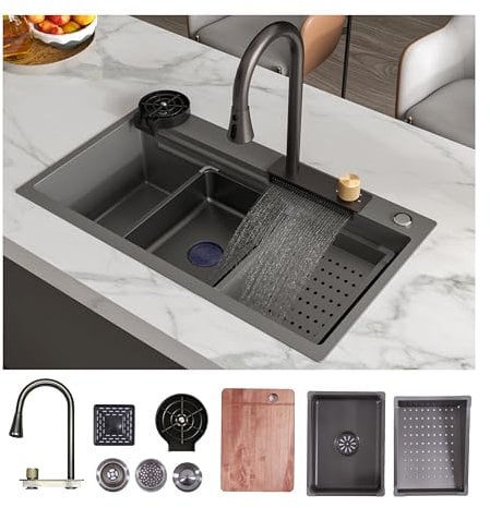 MEJE 80x45 cm Upgrade 304 Stainless Steel Waterfall Kitchen Sink,Waterfall Faucet, Pull-Down Faucet Set, Nano Coating Single Large Bowl, Warm Grey