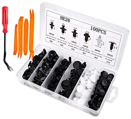 CGEAMDY 100 Stück Auto Befestigung Clips, Universal Schwarz Nylonclips Kunststoffniet Karosserie, Halteklammern Set mit Werkzeugen zum Entfernen von Befestigungselementen, Türverkleidung Panel Clips