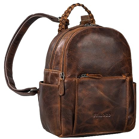 STILORD Luna Eleganter Leder-Rucksack Damen klein mit geflochtenem Henkel ideal als schicker Tagesrucksack Rucksacktasche Cityrucksack Freizeitrucksack Echtleder Farbe:Florida - braun