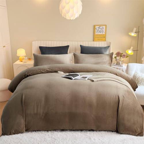 Freyamy Plüsch Bettwäsche 200x220cm 3Teilig Braun Flanell Flauschige Winterbettwäsche Samt Biber Cashmere Touch Bettwäsche Coral Fleece Warme Bettbezug mit Reißverschluss und 2 Kissenbezug 80x80cm