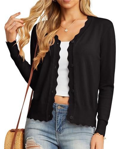 GRECERELLE Ladies Summer Knitted Black Cardigan Women Cardigans V Neck Long Sleeve Knit Jumpers Knitted Cardigans for Women UK (Black, L)