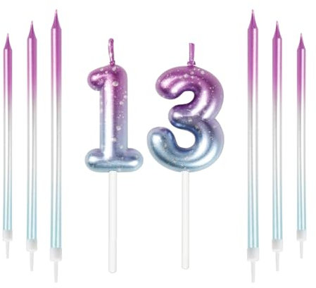 Mciskin 13th Birthday Number Kerzen Dekorationen Bunte 13 Kerze mit Rosa Lila Lange Kerzen Kuchen Kerzen Kuchen Topper Dekorationen für Jungen Mädchen Männer Frauen Geburtstagsfeier Hochzeit Jubiläum