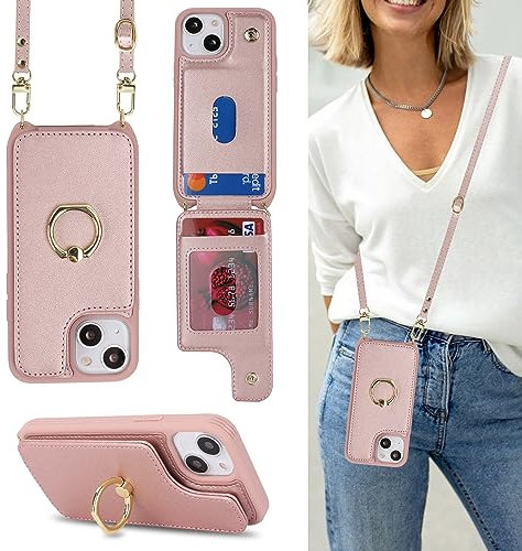 Cavor Phone Case compatible with iPhone 13 Mini With Card Holder With Lanyard Strap,Flip Leather Wallet Case,Ring Kickstand Shockproof Cover Case compatible with iPhone 13 Mini - Rose gold