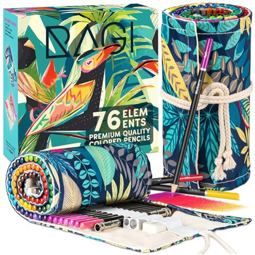 RAGI 76 Buntstifte in Rollmäppchen - Farbstifte für Erwachsene - Ideal zum Zeichnen und Schattieren - Set für Radiergummi, Bleistift Spitzer, Stiftverlängerung, Mehrfarbig