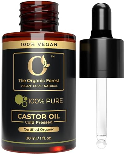 Castor Oil Organic Cold Pressed Unrefined Glass Bottle - Hexane-Free - Ideal for Hair Care, Skin Care, Eyelashes & Eyebrows - Carrier Oil for Essential Oils Mixing - Castor Oil for Face & Body