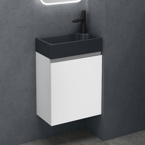 doporro Badezimmerschrank Badmöbel-Set in Weiß BxTxH: 46x26x63cm Waschtisch mit Unterschrank mit Mineralguss-Waschbecken in matt Anthrazit Gäste-WC Wandmontage Pisa02