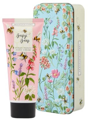 Heathcote & Ivory Hand Cream 100ml, In Embossed Tin, Orange Blossom and Honey Cream, Shea Butter, Moisturising Bee Balm, Travel Size, Vegan and Cruelty Free, Gift For Her, Busy Bee Range