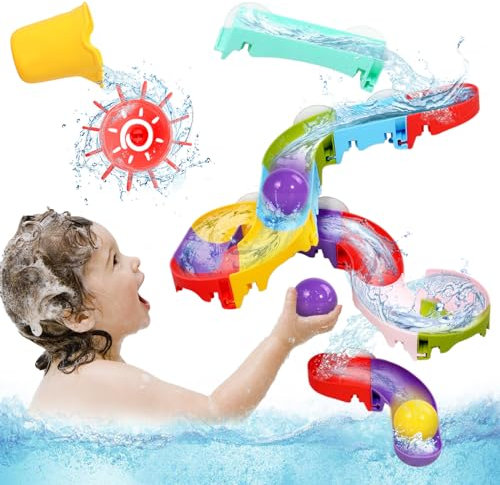Nuheby Bath Toys for 2 3 4 Year Olds Gifts, Kids Bath Toys Upgraded Bigger Balls Track Game Shower Toys Water Slide with Powerful Suction Cups Water Toys DIY Bathtub Baby Toddler Bath Toys Mould Free