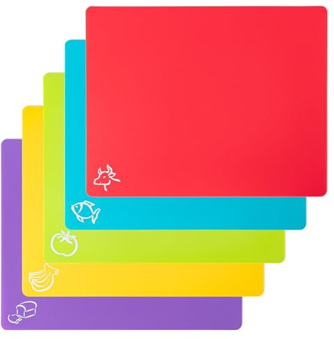 Lot de 5 tapis de planche à découper en plastique souple avec icônes alimentaires, sans BPA, tapis de découpe antidérapant pour viande et légumes (rouge, jaune vif, vert clair, violet, bleu lac)