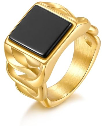 Joliernelle Vintage Siegelring mit geflochtenen kubanischen Gliedern aus Edelstahl, schwarzer Onyx-Ring für Herren, Größe 57