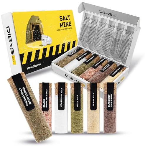 DIBYS SALTMINE Gourmet-Salze Geschenk-Set | 6 verschiedene Salze aus aller Welt inkl. Rezepte | Gewürze-Set mit Kräutersalz, Knoblauchsalz, pikantes Salz & mehr | Geschenke für Hobbyköche