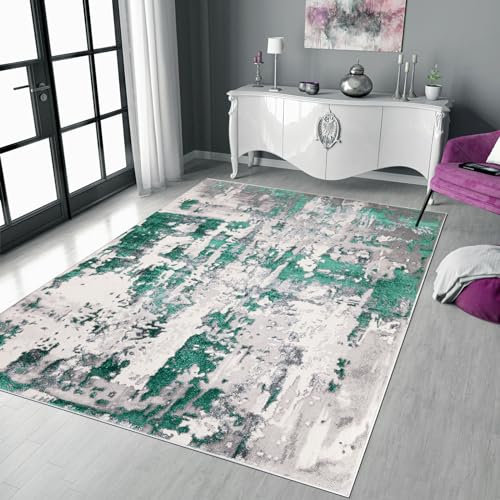renoazul® Turkish Pattern Washable Jute Back Mat, 5 ft 3 in x 7 ft 7 in, 160 x 230 cm, Abstract Emerald, Jute Back Area Rugs for Living Room, Hall, Bed, Dining and Sitting Room