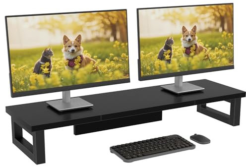 OYRREU Dual Monitor Stand, 91x26cm Desks Shelf, Double Monitor Riser for Laptop PC Computer Screen Monitor Stand Desktop Organiser for Working, Black