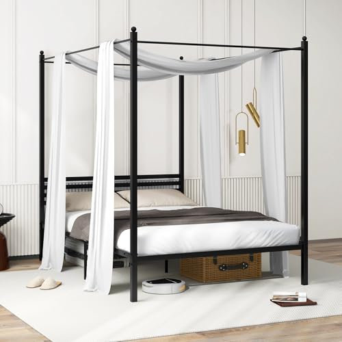 LIFEZEAL Himmelbett 140 x 200 cm, Bettgestell Metallbett mit Lattenrost, Modern Ehebett mit Metallrahmen, Doppelbett Bettrahmen für Schlafzimmer, Gästezimmer, Schwarz