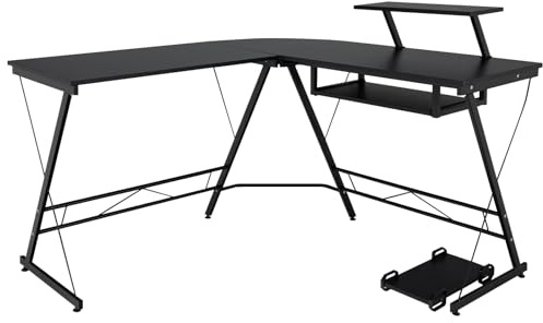 SFAREST L-Shaped Computer Desk, 130CM Large Corner Desk Study Work Writing Table with Movable Host Stand, Removable Monitor Shelf & Pull-out Keyboard Tray, Home Office PC Laptop Workstation
