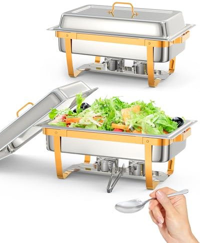 Set di scaldavivande da buffet, 2 pezzi, rettangolari, per buffet con coperchio, scaldavivande in acciaio inox, per cucina, feste, banchetti, cene, oro