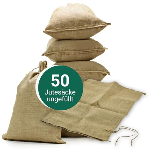 AGRI plus 50 Stück Hochwassersäcke unbefüllt I 30 x 60 cm I nachhaltige Hochwasserbarriere-Säcke aus Jute I Flutschutzsäcke mit Bindeband I stabile Sandsäcke mit Fassungsvermögen bis 20kg