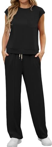 GRECERELLE Two Piece Outfits Women Summer Short Sleeve Tracksuit Womens Full Set Lounge Wear Sets for Women Casual Crew Neck Cap Sleeve Tops and Jogging Bottoms with Pockets(Black, L)