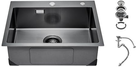 VEVOR Fregadero de Cocina con Montaje Superior de Acero Inoxidable 304, con Accesorios, Fregaderos de Lavavajillas Domésticos para RV, Cocina de Preparación y Barra, Negro, 550 x 450 x 190 mm