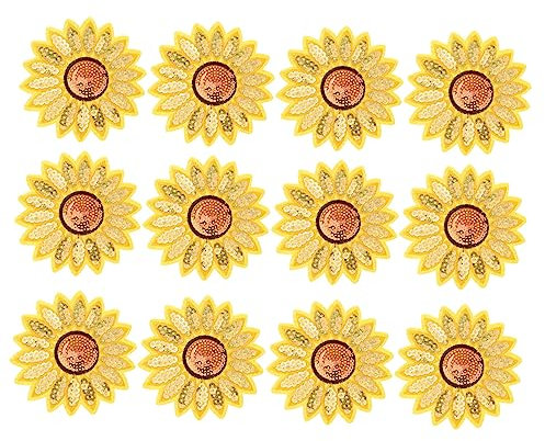 DIYEAH 12 StüCk Sonnenblumen Pailletten Stickerei AufnäHer Zum AufbüGeln Oder AufnäHen,Vintage-Stickerei-Patches zum Reparieren von Kleidung, Jacken und Jeans