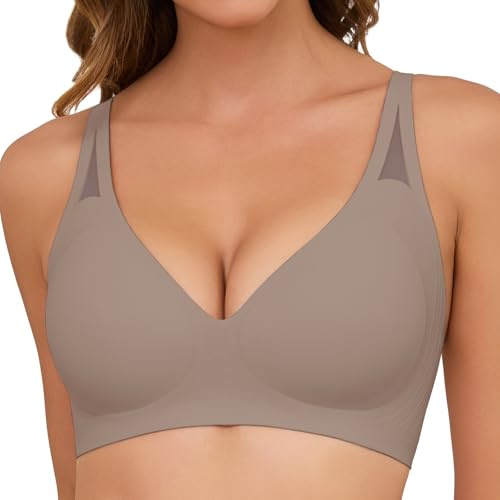 Xnova Donna Reggiseno Senza Ferretto Morbido Imbottito Push Up Reggiseni Senza Cuciture Minimizer Traspirante Bralette con Scollo a V Coppa Piena, Grigio, L