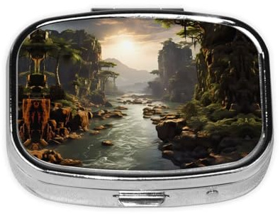 Mountains and Rivers Square Pill Storage Box, Travel Portable Mini Pill Box, Vitamin Medicine Storage Box (2 Compartment Pill Box)