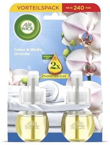 Air Wick Duftstecker Nachfüller Duo – Duft: Cotton und Weiße Orchidee – Frischer Raumduft für die Steckdose – 2x 19ml Duftölflakon-Nachfüller