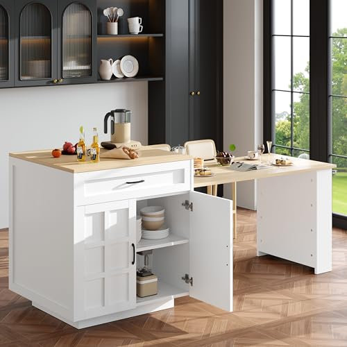 ModernLuxe Ausziehbarer Bartisch mit Stauraum (133-202×70×93,5 cm), Kücheninsel Erweiterbar, Mit 2 Schubladen, 4 Fächern und seitlichen Ablagen, Für 2-6 Personen, Weiß