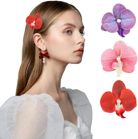 Ziyonix 3pcs Hawaii Fiore per Capelli Donna Boemo Forcina per Capelli con Orchidea Phalaenopsis Fiori Colorati Mollette per Capelli per Sposa Ragazze Festa Spiaggia