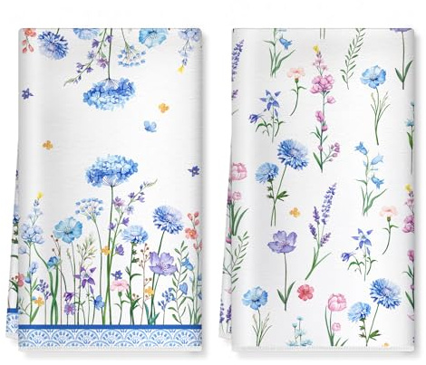 Arquiel Wildblume Küchentücher Mikrofaser 2 Stück, Blau Geschirrtücher Küchenhandtuch Saugstarke Sommer Küche Dekoration, Geschenk für Sie und Ihn 40 x 60CM