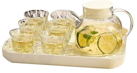 Tzstz 7 piezas, 1 tetera de cristal, 6 tazas de agua de cristal, 1 bandeja, con filtro extraíble, adecuado para preparar té, té de frutas, bebidas