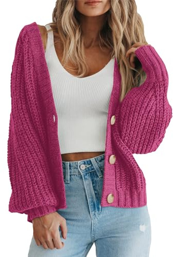 LLECDASEUI da Donna Grosso Maglia Aperto Davanti Maglione Manica Lunga Bottone Sciolto Corto Cardigan Capispalla Cappotti (Rosa Rossa,S)