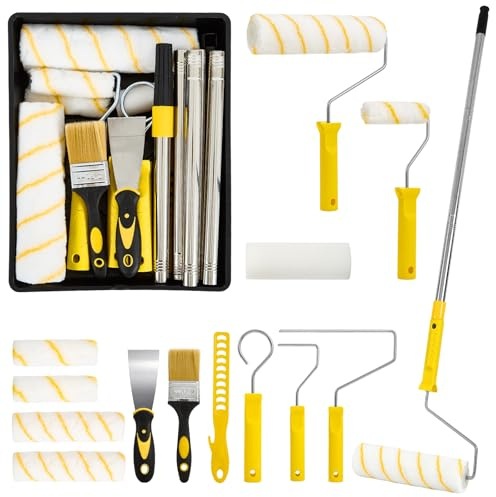 Hafuvool Paint Roller Set, 13Pcs Paint Rollers and Trays Sets - 9 Inch Paint Rollers with Extension Pole, 4 Inch Small Paint Roller & Sleeves, Paint Stirrer, Brush and Scraper Roller Sets for Painting