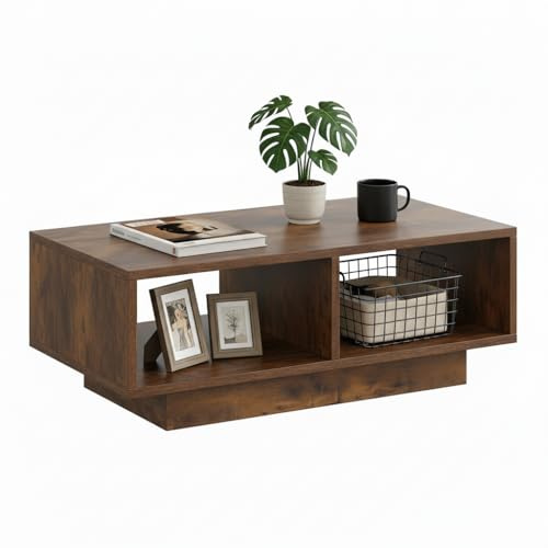 SHOWHA Couchtisch Vintage-Holzoptik Schwarz,Mitteltisch Teetisch für Wohnzimmer,moderner und Stilvoller Rechteckiger Kaffeetisch mit 2 Offenes Fach,Rechteckiger Beistelltisch Sofatisch,für Schlafzimme