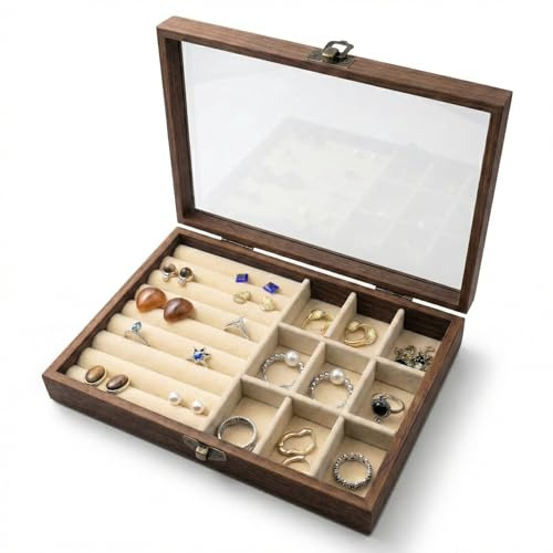 CT SUN Petite boîte de rangement de bijoux en bois – Vitrine de style vintage avec couvercle en verre HD, doublure en velours, pour femmes, bagues, boucles d'oreilles, bracelets, broches