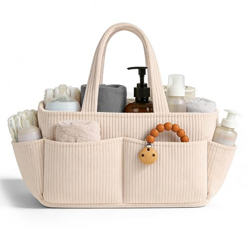 Indrnif Wickelkorb Cord für Wickeltisch,Baby Windel Caddy Organizer mit Wechselbaren Fächern,Stilvoller Aufbewahrungskorb für Kinderzimmer,Baby Geschenk für Wickeltisch und Wickeltasche (Hellrosa)