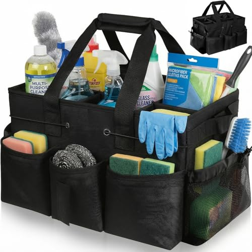 Xtrillogen Large Cleaning Caddy with Handle,Spacious Multi Compartment Cleaning Bag Products,Featuring Removable Dividers,Adjustable Shoulder and Waist Straps,Suitable for Home and Tool Storage(Black)
