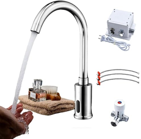 Robinet à Capteur Infrarouge Automatique Mitigeur Sans Contact Mains Libres Pour Lavabo de Salle de Bain Cuisine Restaurants Écoles, Laiton chromé antirouille, par Piles (Mitigeur chaud/froid)