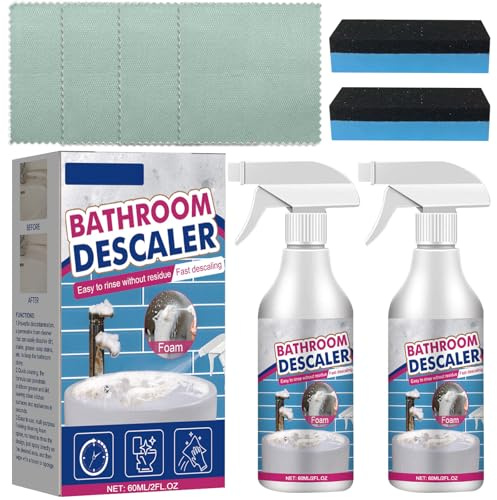 Toivize Nettoyant Salle de Bain 2x60ml, Bathroom Descaler | Nettoyant Puissant pour WC Douche Verre Robinet Carrelage, Élimine Calcaire et Résidus, avec Éponge et Chiffon