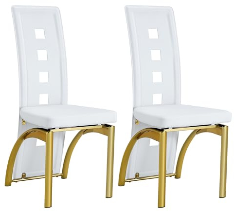 SEEDWAVE Esszimmerstühle 2er Set, Küchenstuhl mit ausgeschnittener Raster-Optik und hoher Rückenlehne, Moderner Polsterstuhl mit weichem PU-Sitz und Metallbeinen (Weiß/goldenen Beinen)